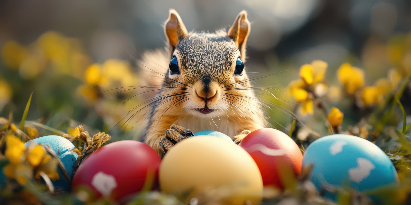Squirrel curiously examines colorful Easter eggs in a spring meadow surrounded by blooming flowers